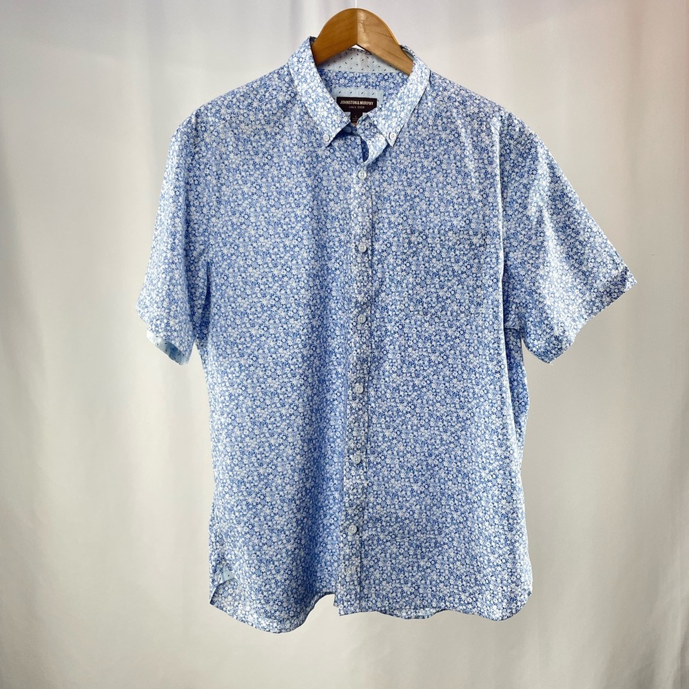 NWT Johnston & Murphy Floral Print Short Sleeve Cotton Shirt in Blue White Large
